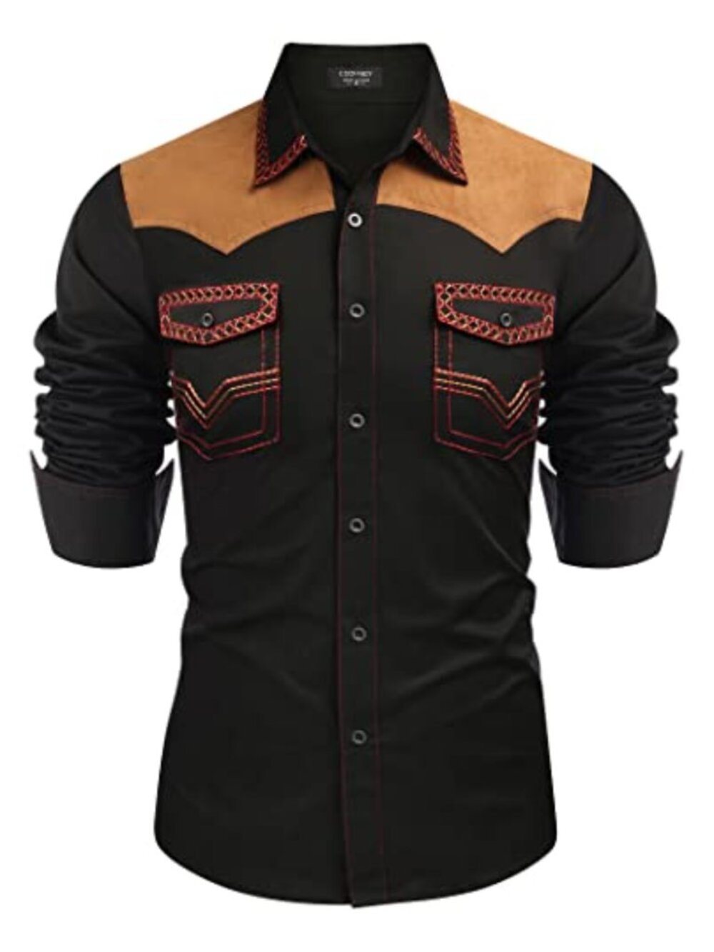 Men's Western Cowboy Shirt Embroidered Long Sleeve Slim Fit Casual Cotton